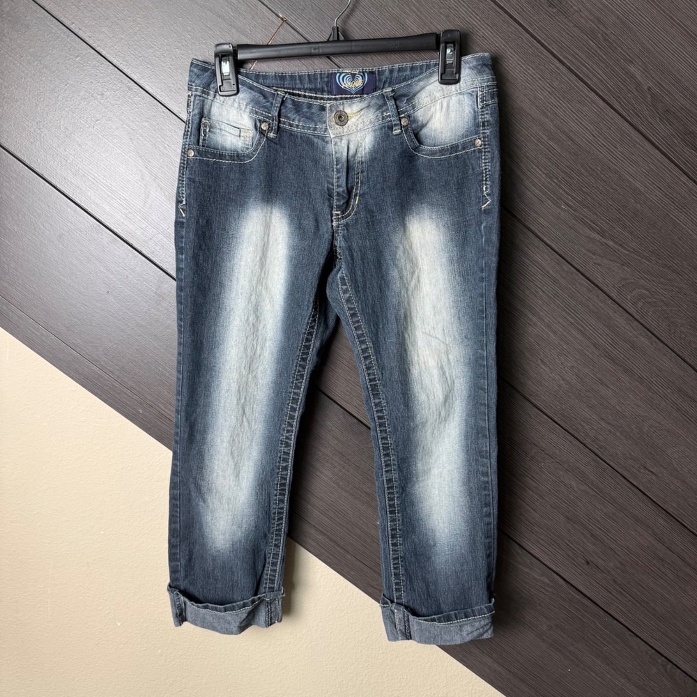 Angels Women's Size 9 Y2K Embellished Capri Jeans Rhinestone Cuffed Dark Wash